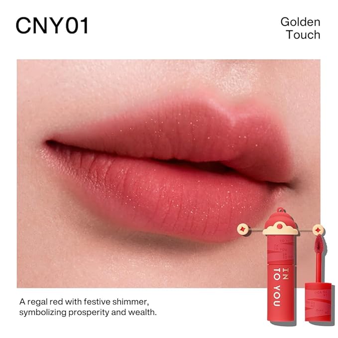 INTO YOU Matte Lipstick with Shimmer, Long Lasting Red Lip Stick for Women, Multi-Purpose for Lips and Cheek, Non-Fade, Makeup, Regal Red for Prosperity & Luxury, CNY01