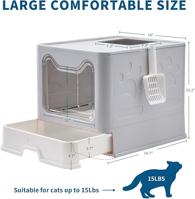 Medario Cat Litter Box with Litter Mat and Scoop (Grey) | Large Covered Litter Box with Lid, Enclosed Kitty Box, Front Entry Top Exit, Odor Control, Easy to Clean