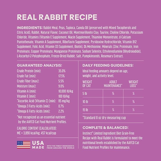 Instinct Limited Ingredient Diet Dry Cat Food, Real Rabbit, 10 lb. Bag | Single animal protein and vegetable recipe, raw-coated kibble, farm-raised rabbit, gentle on sensitive stomachs