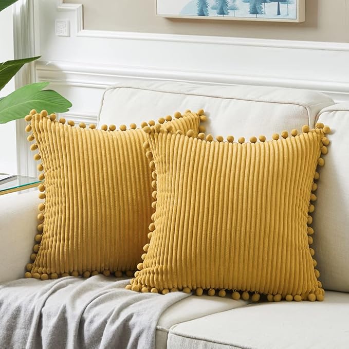 Fancy Homi 24x24 Pillow Covers, 2 Packs Mustard Yellow Throw Pillow Covers with Pom-poms, Super Soft Corduroy Square Solid Cushion Cover for Couch Sofa Bedroom Living Room 60x60 cm