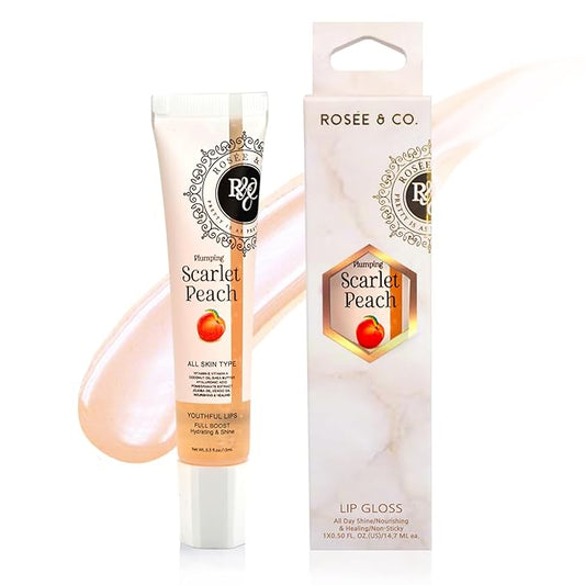 Rosee Lip Gloss Vegan & Cruelty Free Treatment, Professional Make up, Long Lasting Glossy with Shea Butter, Moisturize, Protect & Smooth, High Shine, Non-Sticky (m. Scarlet Peach, 0.5)