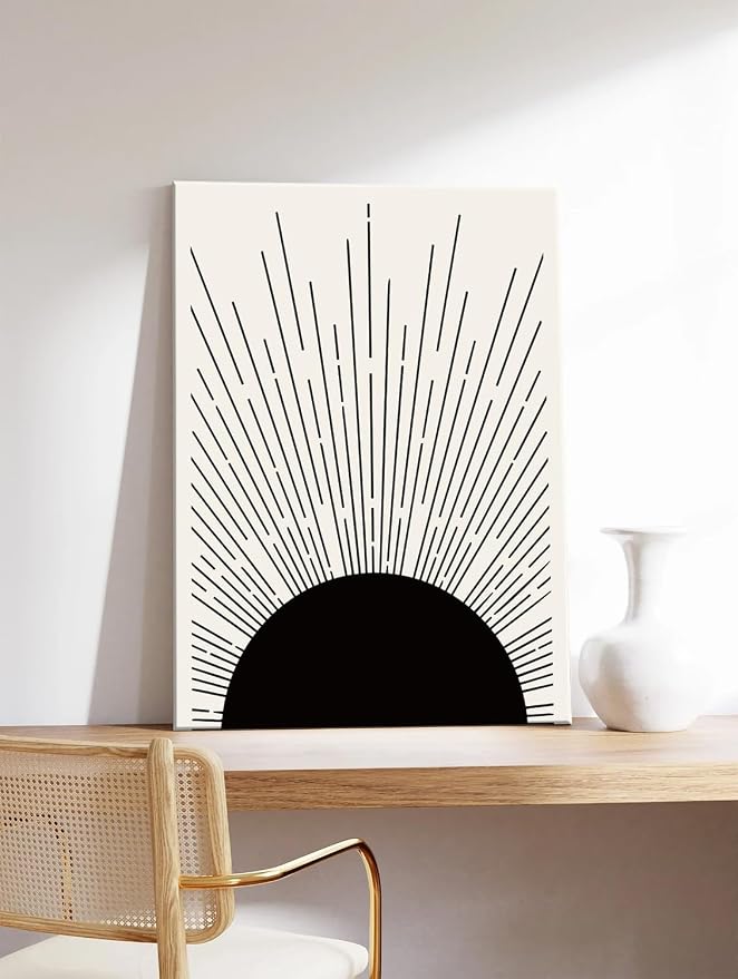 Hwetui Framed Boho Sun Wall Art Set of 2 Black and White Minimalist Sunrise Canvas Prints Abstract Sunshine Painting Geometric Line Pictures Home Decor for Living Room Bedroom Bathroom 16x24in