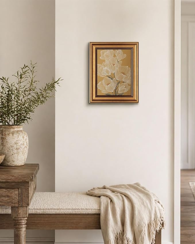 Gold Framed Wall Art, Vintage White Magnolia Flowers Line Canvas Prints, Neutral Japandi Style Floral Picture Wall Decor, Minimalist Botanical Artwork for Living Room Bedroom 9x11 inch