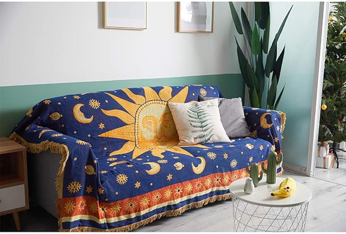 Erke Sun Blanket Hippy Celestial Couch Sheet Cover Wicca Home Decor 70"x90" | Sun Moon Witchy Hippie Decoration, Double Sided Cotton Woven 90s’ Throws Blankets for Couch Bed