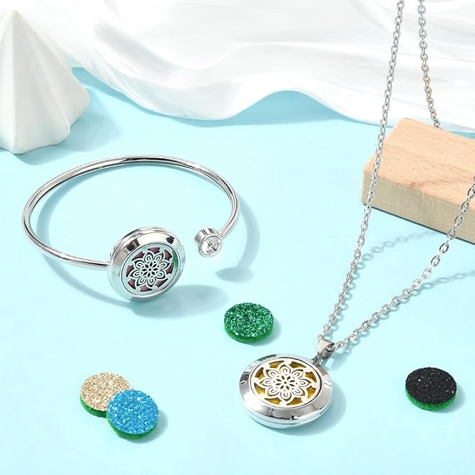 SUNNYCLUE 1Pc Essential Oil Diffuser Bracelet 1Pc Essential Oil Necklace with 10Pcs Refill Pads Flower Stainless Steel Necklaces Adjustable Cuff Bangles Aromatherapy Locket Bracelets for Women Gifts