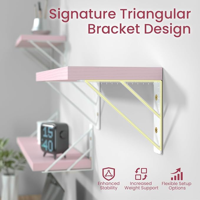BAYKA Wall Shelves for Bedroom Decor, Pink Floating Wall Shelf for Living Room Kitchen Storage,Mounted Rustic Wood Shelves for Kids Books, Corner Shelf for Bathroom(16in，Set of 4)