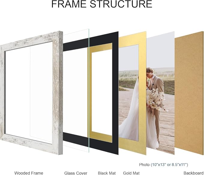 Hongkee 10x13 Picture Frame Set of 4, Made of Real Glass and Multicolour Frame, 10 by 13 Photo for Wall or Tabletop - Display Picture 8.5x11 with Mat or 10x13 Without Mat