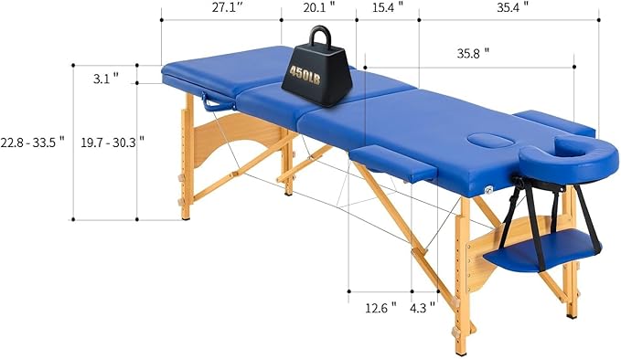 Artechworks Massage Table Massage Bed Portable Lash Bed for Eyelash Extensions Beauty Tattoo Table Adjustable for Spa Salon,Lightweight (Navy Blue, 3 Folding No Bag)