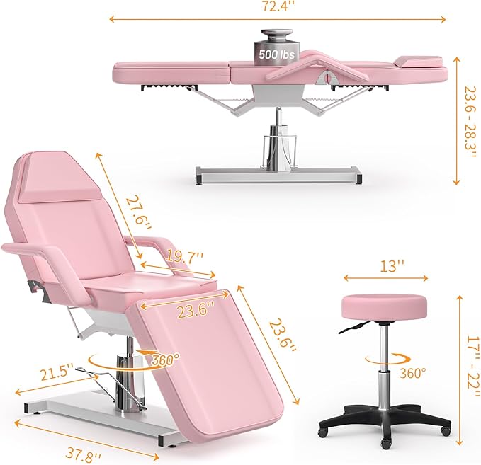 Hydraulic Pink Tattoo Chair Bed for Client Spa Bed with Stool Height Adjustable Facial Beds for Esthetician Chair Aesthetic Treatment Table