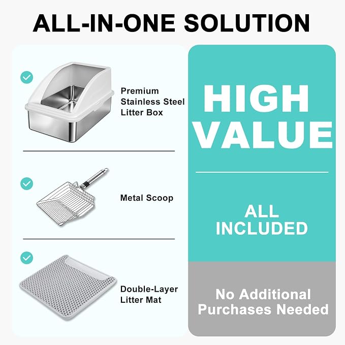 AIPERRO Stainless Steel Litter Box | XL Enclosed Cat Litter Boxes with Lid | High Sided Meat Litter Box for Big Cats | Anti-Urine Leakage | Non-Stick & Easy to Clean | Includes Litter Mat & Metal Scoop