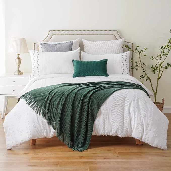 BATTILO HOME Dark Green Throw Blanket for Couch, 50"x60" | Soft Chenille Knit Throws with Tassels for Home Decor, Spring Green Throws for Couch Cover