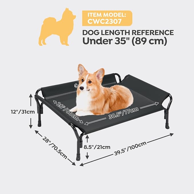 Veehoo Cooling Elevated Dog Bed, Raised Dog Cot with Guardrail & Headrest | Washable Dog Couch Bed for Indoor & Outdoor, Durable Breathable Teslin Mesh, Non-Slip Feet, Medium, 39.5" x 28", Black