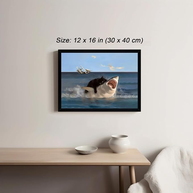 ICHZUMW Framed Funny Black Cat Biting Shark Ocean Canvas Wall Art 12x16 In | Quirky Cat Biting Shark Oil Painting, Humorous Bathroom Wall Decor, Bedroom Bar Man Cave Restroom Powder Room, Ready to Hang