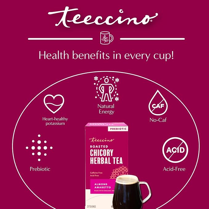 Teeccino Herbal Tea - Almond Amaretto - Rich & Roasted Herbal Tea That's Caffeine Free & Prebiotic for Natural Energy, 25 Tea Bags