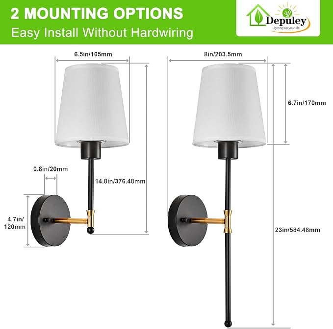 Depuley Battery Operated Wall Sconce: Set of 2 Wireless Wall Lights with Remote for Bedroom - Rechargeable 15 Colors Black and Gold Wall Lamp for Living Room Hallway
