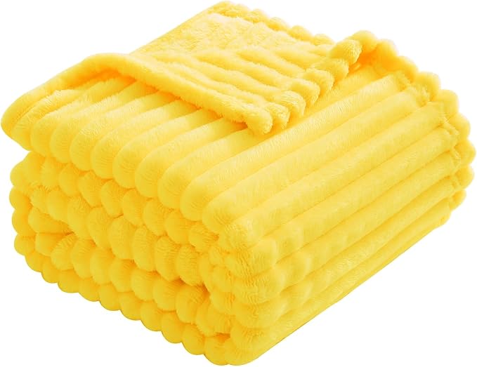 Bright Yellow Fleece Throw Blanket 108”×90” for Couch Sofa Livingroom | Super Soft Cozy Plush Microfiber Flannel Bed Blanket Striped Design Lightweight Home Decor Gifts for Adults Mom Women