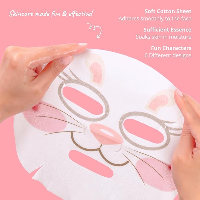Epielle Character Face Mask Fuzzy Friends 6 Pack, Fun & Effective Korean Skin Care, Spa Party Favors, Easter Basket Stuffers, Birthday Gifts for Women, Self Care Gifts