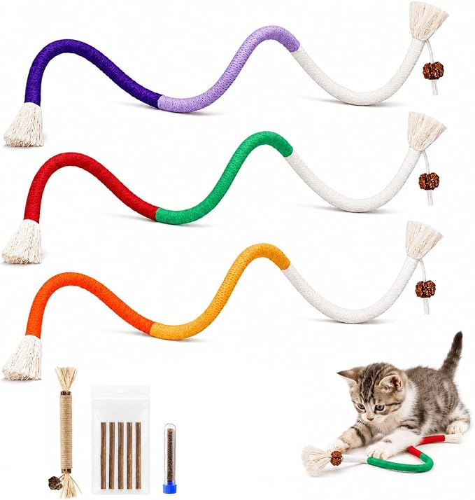 LOS ANDES Cat Silvervine Sticks & Chew Rope Toys Set with Catnip, Stress Relief Cat Toy, Interactive Teeth Cleaning Toys for Indoor Cats & Kittens
