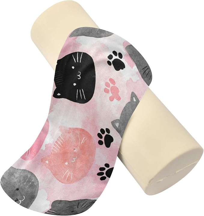 Cat Faces and Paw Print Neck Roll Pillow Bolster Round Health Memory Foam Long Cervical Cylinder Pillows with Removable Washable Cover for Body Bed Legs Back Yoga