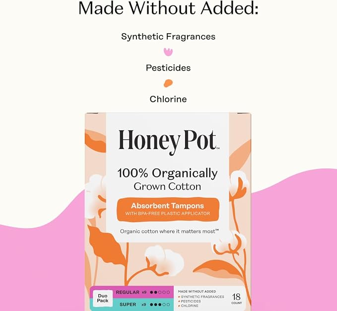 The Honey Pot Company - Multipack -100% Organic Cotton Core Tampons w/BPA-Free Plastic Applicator - Regular & Super Absorbency - Unscented - Feminine Care - 18 Count