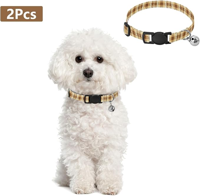 Classic Plaid Beige Small Dog Collar 2 Pack Collar for Cats Adjustable Length 10.6" to 17.1"