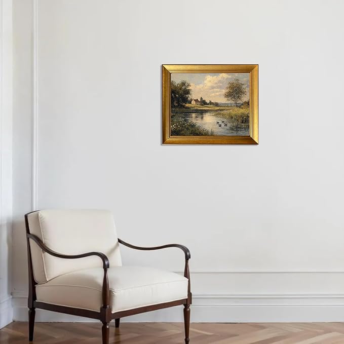 Framed Vintage River Landscape Oil Painting With Ducks Cottage Core Wall Art Country Landscape Canvas Print Artworks for Living Room Bedroom Bathroom Decor