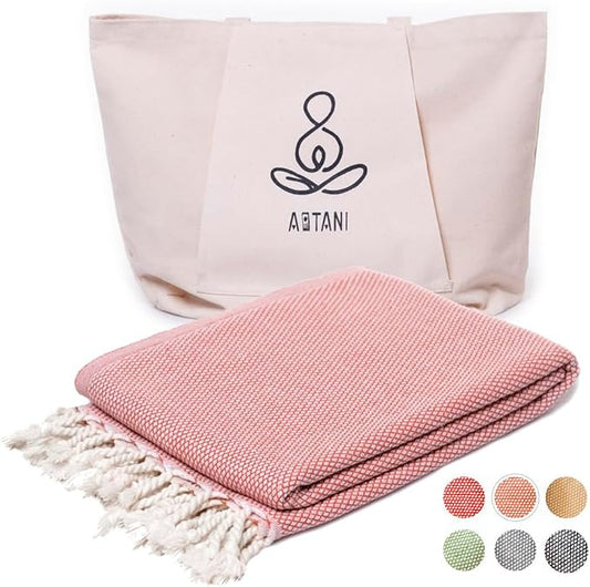 ATANI 69x35 in Oversized Turkish Beach Towel Set with Tote Bag – Quick-Dry 100% Turkish Cotton Peshtemal, Sand-Resistant, Lightweight for Shower, Travel, Pool, Yoga (Orange)