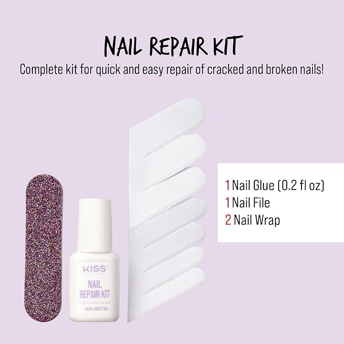 Kiss New York Nail Repair Kit for Damage, Broken, Cracked and Weak Nails - Biotin Infused Glue, File, and 2 Wraps - Made in Korea