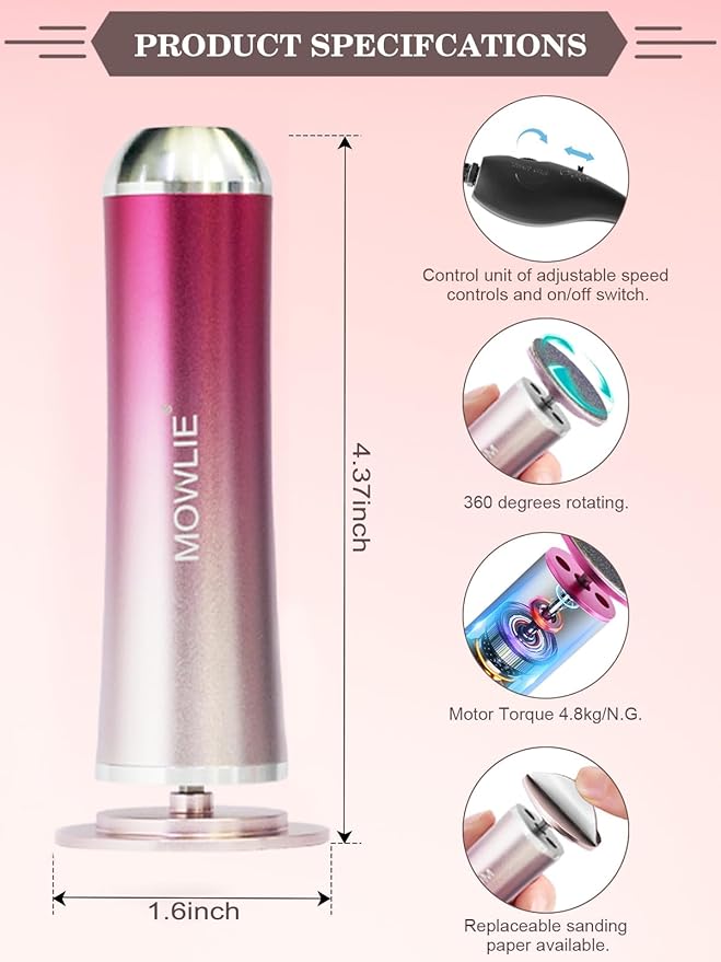 MOWLIE Electric Foot Callus Remover,Foot Scrubber & Callus Remover for Feet Foot Spa Pedicure Tool with 60 Grinding Discs Professional Electric Foot File Ideal (Light Pink)