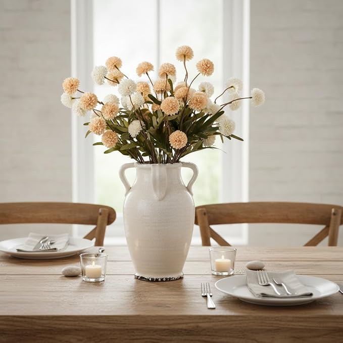 Vaseking White Ceramic Vase with 4 Handles, 10.16" Tall Retro Ice Cracked Flower Vase, Antique Vases for Modern Farmhouse Home Decor, Wedding, Living Room, Table, Shelf Decor, Cracked White