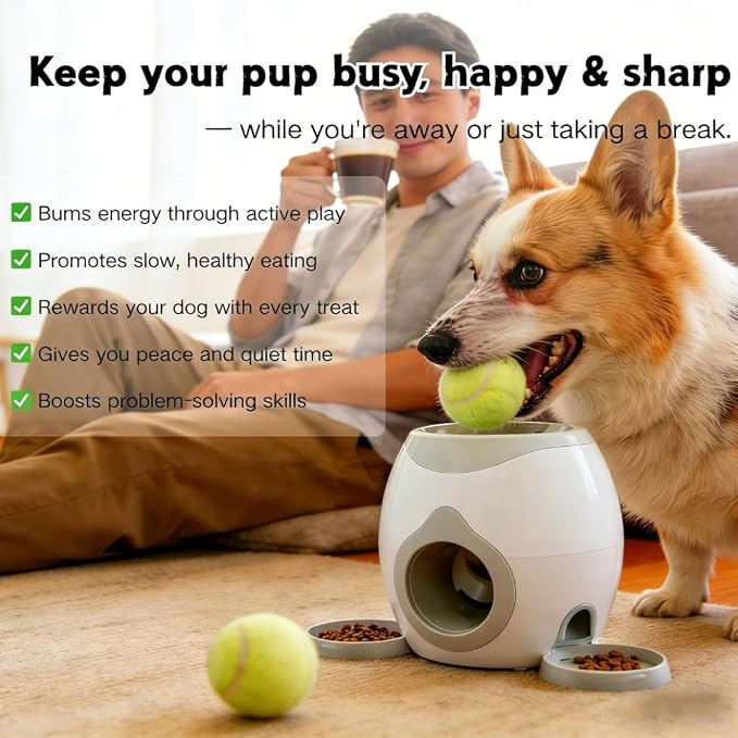Dog Tennis Ball Launcher with Treat Dispenser, Interactive Puzzle Toy for Dogs, 2-in-1 Fetch Training Machine, Slow Feeder Reward Toy for Medium Large Dogs Indoor Outdoor(C)