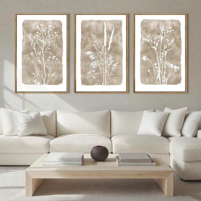 ANHUIB Beige Neutral Floral Canvas Wall Art 16x24 Inch Framed Brown Botanital Wall Decor Large Rustic Farmhouse Wildflower Artwork Boho Vintage Plant Art Prints Set of 3 for Living Room Bedroom Office