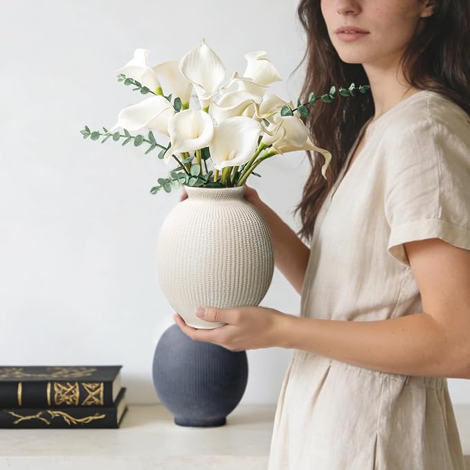 Ceramic Decorative Flower Vase - Rustic Farmhouse Boho Ceramic Vase for Home Decor, Table Centerpiece, Living Room, Bathroom, Book Shelf, Mantel Decoration, Wedding Decor (6.8" White)