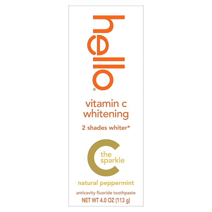 Hello Vitamin C Whitening Toothpaste with Fluoride, Whitening SLS Free Toothpaste, Up to 2 Shades Whiter Teeth, No Peroxide, Safe for Everyday Use, Natural Peppermint, 4.0 Oz