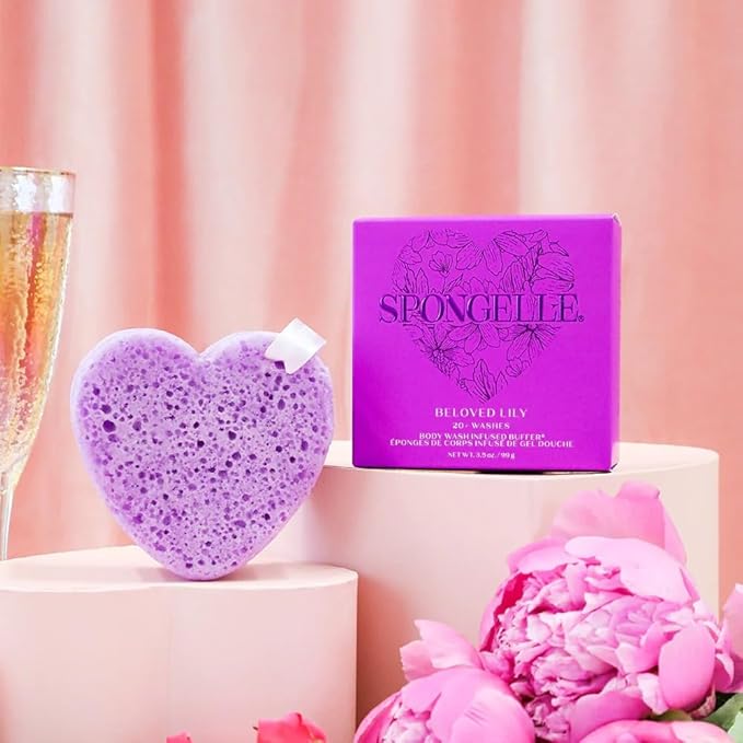 SPONGELLÉ Lily Heart Buffer – Exfoliating Sponge & Body Wash Infused with Lily Fragrance – Ideal for Valentine's & Mother's Day Gifts