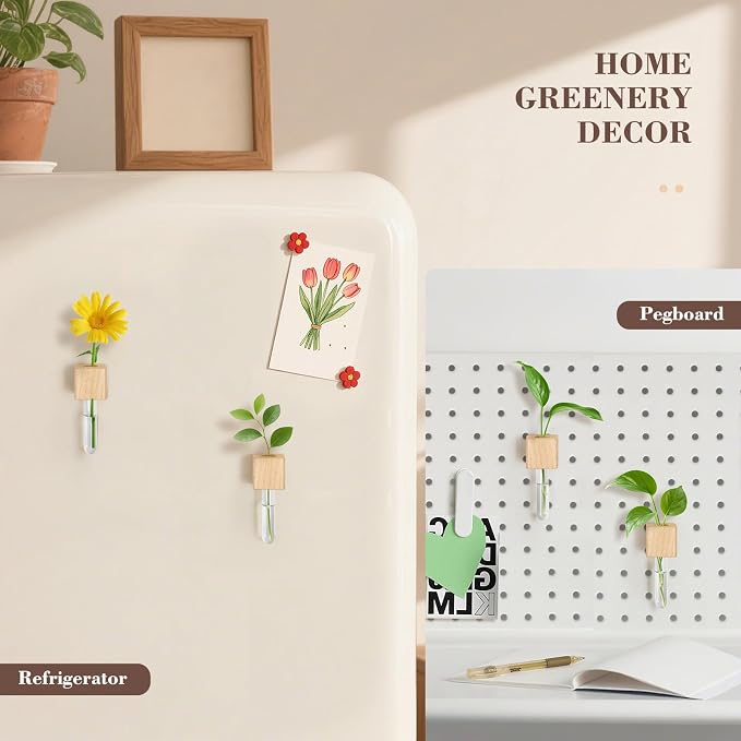 Magnetic Test Tube Flower Vases for Refrigerator, Set of 2 | Wooden magnetic vases in a natural wood finish for fresh cuttings and plant propagation. Plant not included.