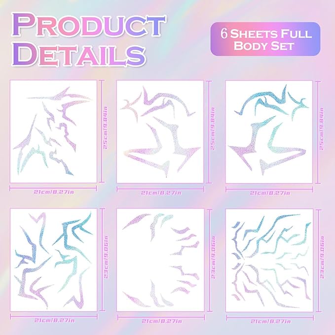 Cosplay Temporary Tattoos, 6 Sheets Holographic Tattoos Waterproof Body Art Prop for Cosplay Halloween Party Makeup Realistic Accessories