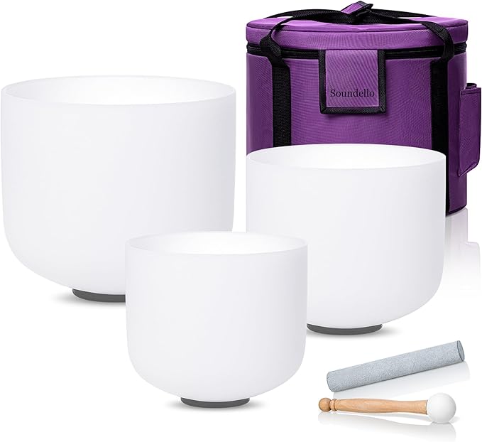 8-12 inch 432hz Quartz Crystal Singing Bowls Set of 3 Pure White, for Healing Mindfulness Meditation Yoga Sound Baths with Case and Mallet Suede Striker