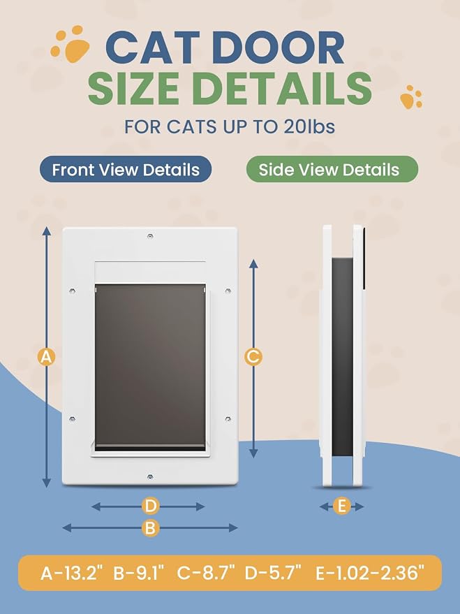 Cat Door with Soft Magnetic Flap, Pets Up to 20 lb, White | Sliding Lock Panel, Soft Magnetic Flap, Adjustable Tunnel, Save energy, Easy DIY Installation Exterior Cat Doors