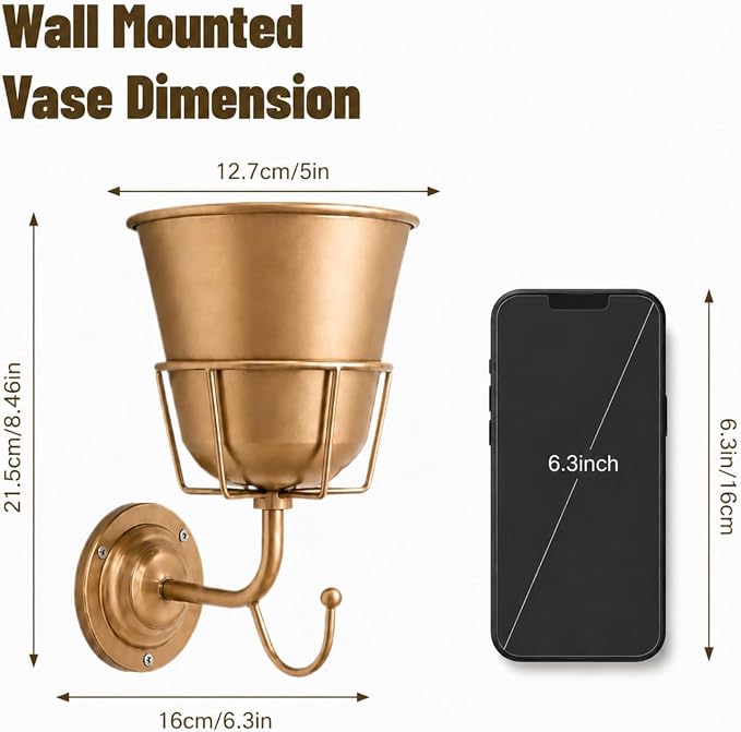 Metal Wall Vase for Flowers with Hook, Gold Wall Mounted Vase | pace-Saving Wall Flower Display with Built-In Hook