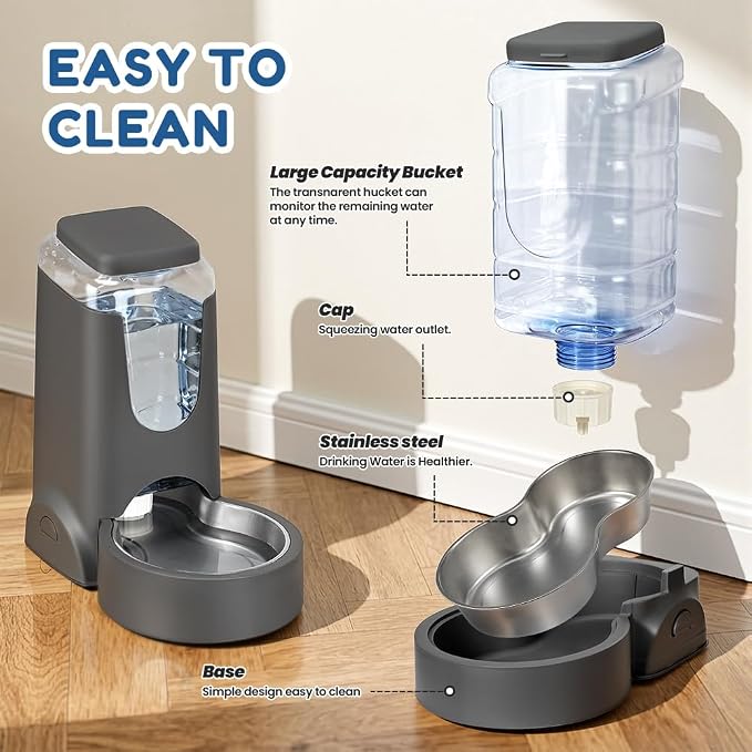1 Gallon Automatic Cat Feeder Gravity Stainless Steel Water Dispenser Dog Feeder for Small Medium Puppy Kitten Pets Water Feeding Bowls,Charcoal Gray