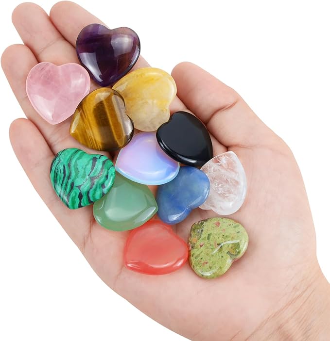 DUQGUHO 1 Inch Hearts Crystals and Healing Stones Reiki Gemstones Healing Crystals Mini Crystal Hearts Set Quartz Heart Shaped Crystals Polished Gems Spiritual Valentine's Day Gifts Bulk 12 PCS