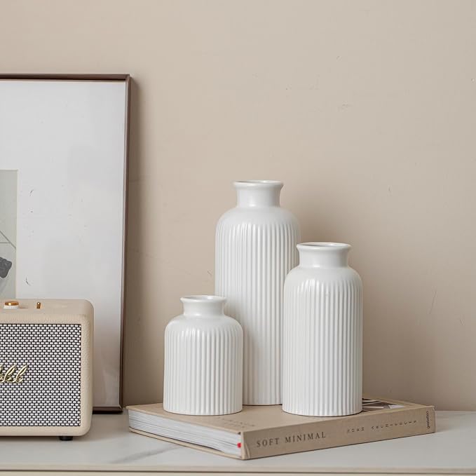 Large Modern Ceramic Vase Set, White Ribbed Matte Design, 10 Inch Tall, 4 Inch Width, 3-Piece Decorative Vases for Home, Living Room, Office (XL Matte Glaze White)