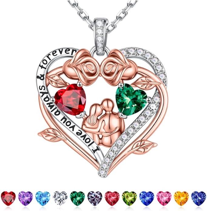 Iefil Valentines Gifts for Her Wife - 925 Sterling Silver Double Heart Birthstone Necklace, Anniversary Birthday Gifts for Women Wife Girlfriend