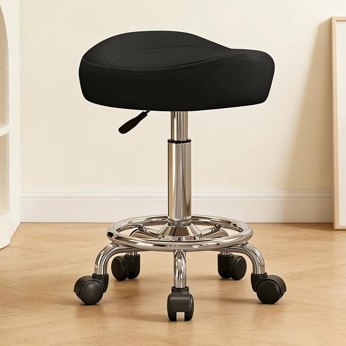 Saddle Stool, Adjustable Height Ergonomic Swivel Chair with Wheels, PU Leather Saddle Seat with Ring Pedal for Salon, Massage, Clinic, Lab, and Office