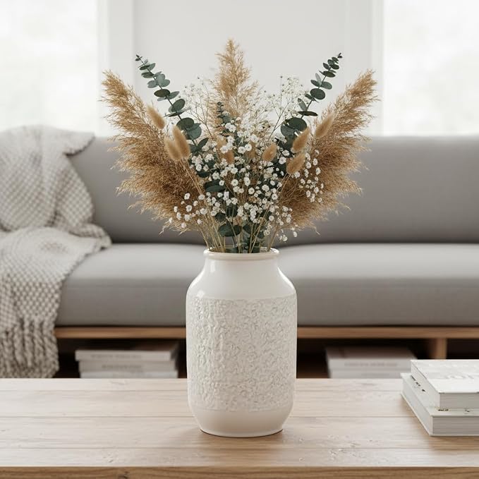 White Ceramic Vase, Minimalist White Vases for Flowers, Modern Decorative Vase for Home Decor, Centerpiece Wedding Dining Living Room Kitchen Decor 9 inch