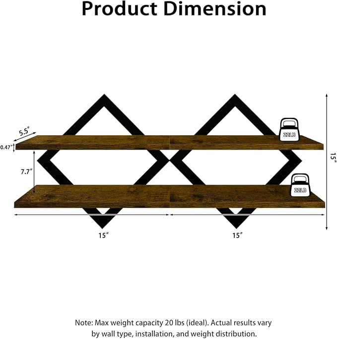 Floating Shelves for Wall, Set of 2 Wall Shelves, 2-Tier Hanging Shelve | Wood & Metal Wall Mounted Display Shelves, Decorative Wall Shelves for Living Room, Bedroom, Kitchen & Bathroom, Rustic Brown