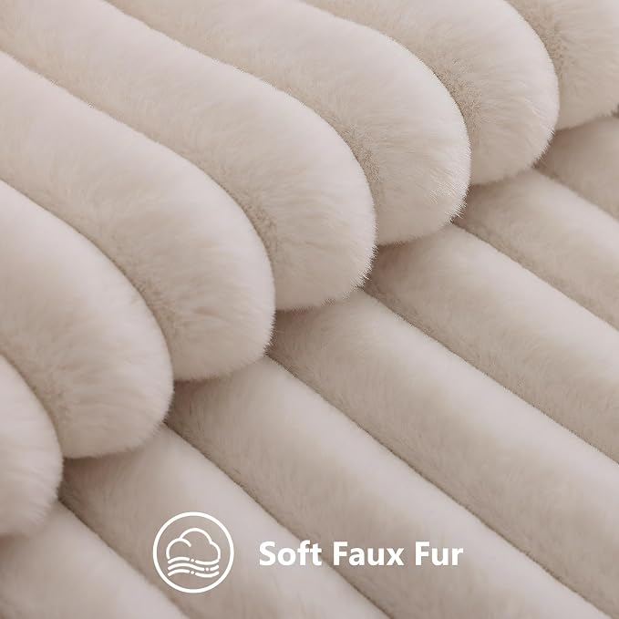 decorUhome Fall Faux Fur Throw Pillow Covers 26x26 Set of 2 Beige | Decorative Soft Cozy Striped Plush Modern Farmhouse Boho Couch Pillow Cases Velvet Back for Sofa Bed Living Room Home Decor