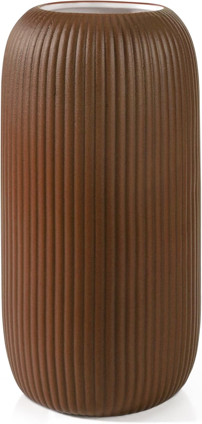 Ceramic Vase for Flowers – Modern Small Ribbed Textured Flower Vase for Home Decor, Pampas Grass, Decorative, Farmhouse, Coffee Table, Kitchen Centerpieces, Bookshelf and Home Living (Caramel)