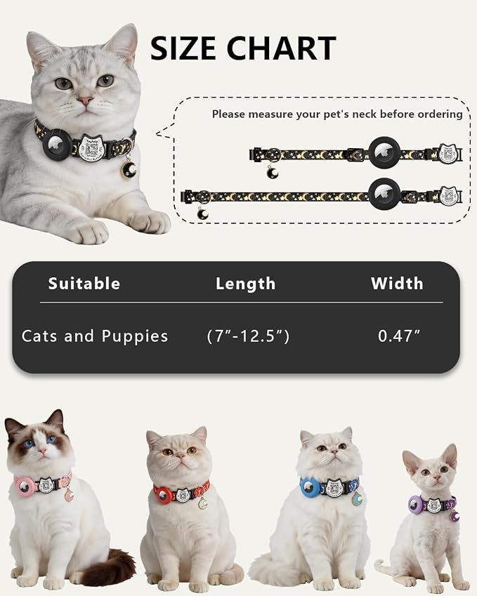 3 Pack Smart QR Code Cat Collars with Built-in AirTag Holder, Breakaway Adjustable Kitten Collars with Moon Pendant, Safety Pet ID Collars for Cats, 7.0–12.5”, Black Blue Pink